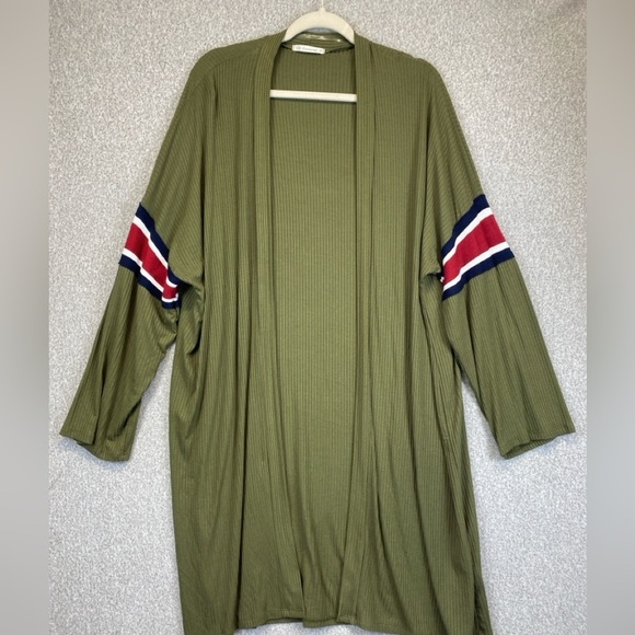 Veveret long line ribbed cardigan varsity stripes olive green open front 2X - Picture 1 of 9